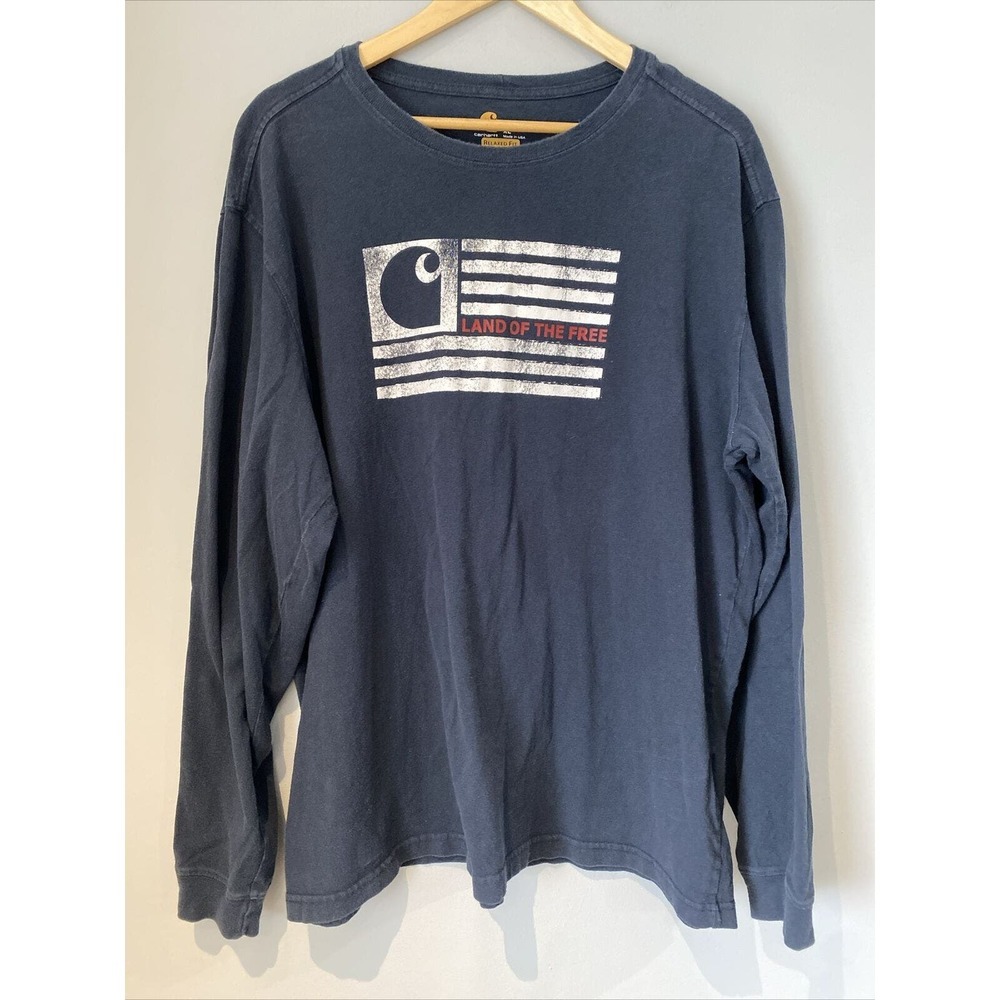 Carhartt Navy Blue Land of the Free USA Flag Long Sleeve Men's T-Shirt Size XL